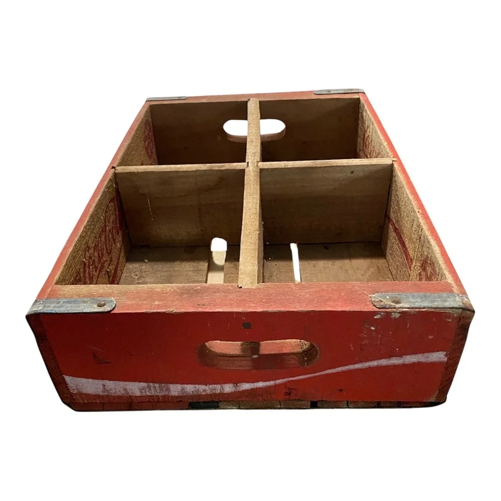 Vintage Coca-Cola Wooden Soda Crate Red White Logo 4 Compartment Carrier Storage